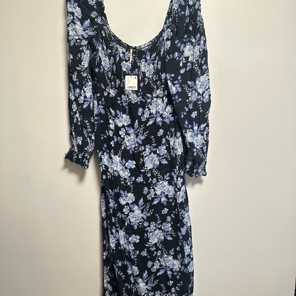 Free People Black and Blue Floral Long Sleeve Maxi Dress